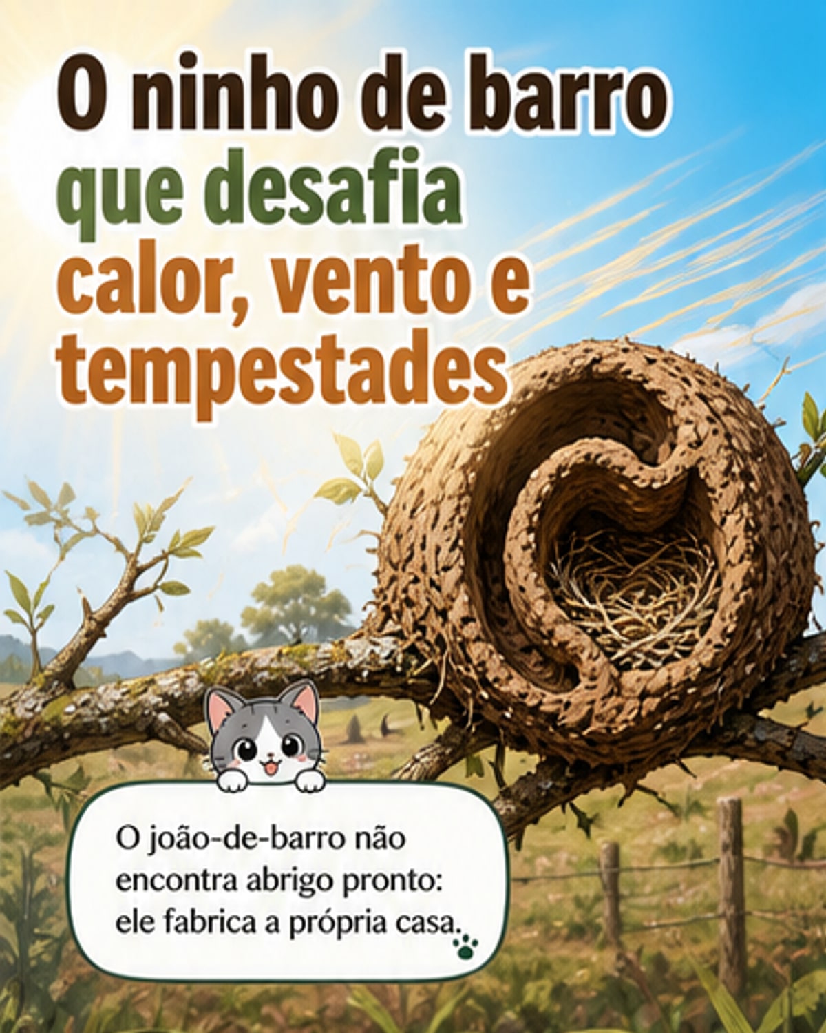 Ilustração de um joão-de-barro entrando em seu ninho de barro, com corte mostrando a estrutura interna em camadas e o microclima protegido no interior.