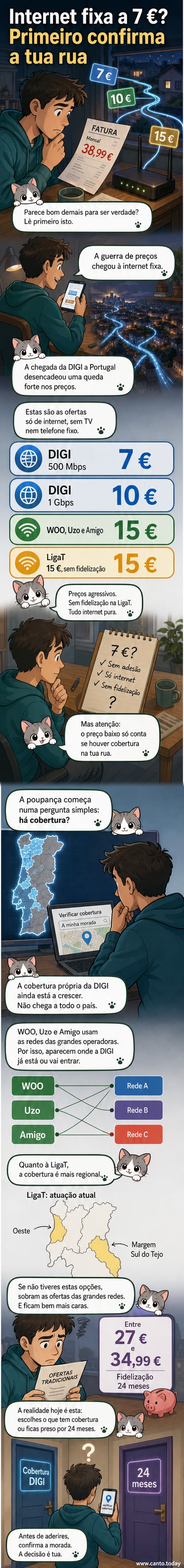 Ilustração de uma casa com sinal de Wi-Fi barato saindo pela janela, com ícones de preços baixos e um mapa de Portugal destacando zonas de cobertura limitada.