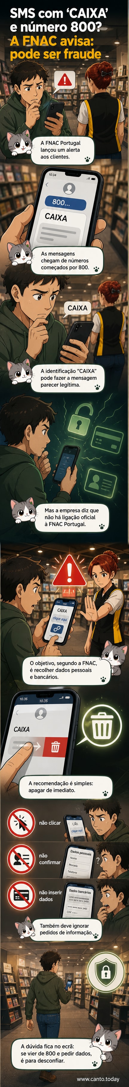 Ilustração de um smartphone com uma mensagem SMS suspeita mostrando 'CAIXA' e o número a começar em 800, com um símbolo de alerta vermelho.
