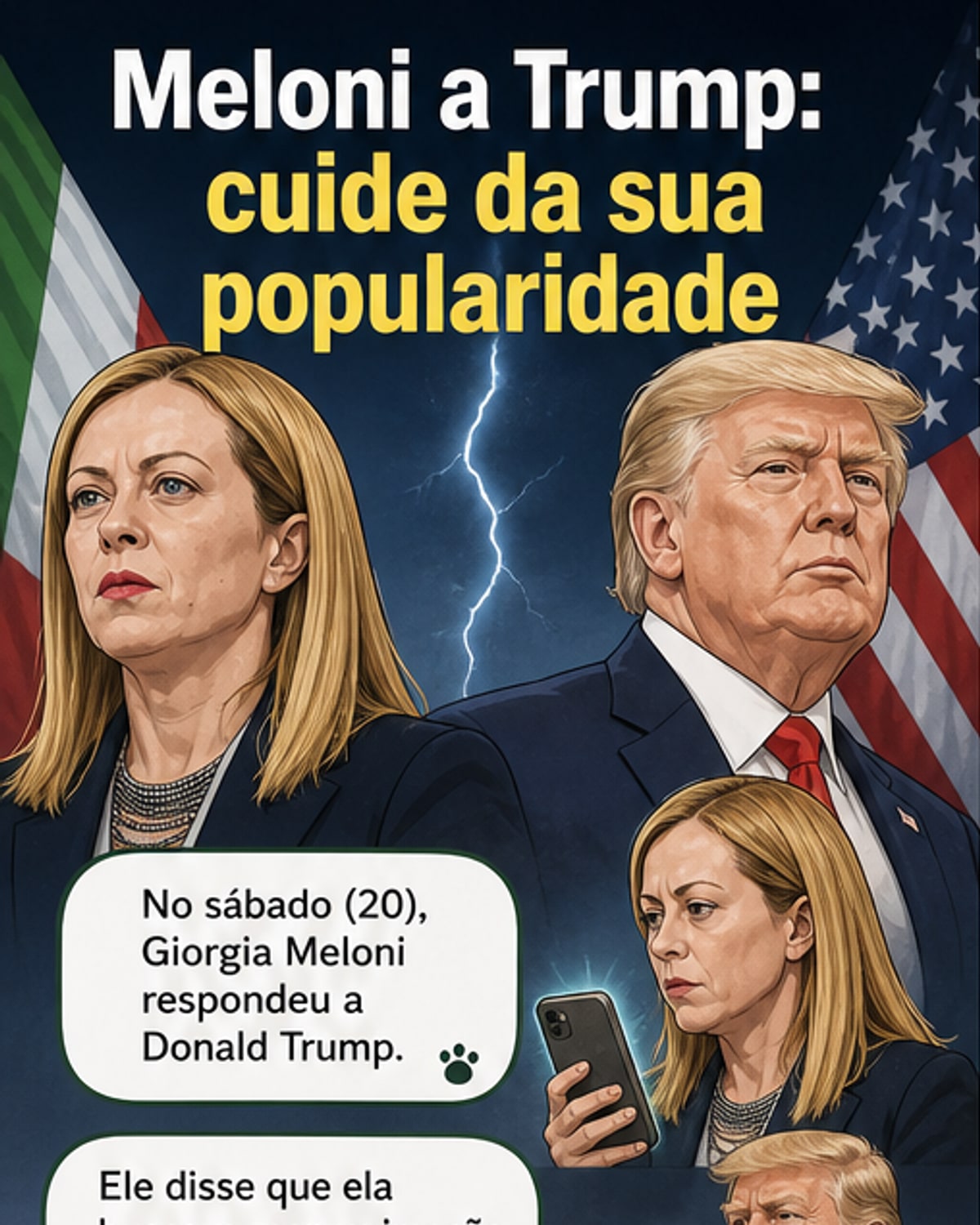 Representação estilizada de Giorgia Meloni e Donald Trump em posições opostas, com balões de fala mostrando frases de confronto diplomático.