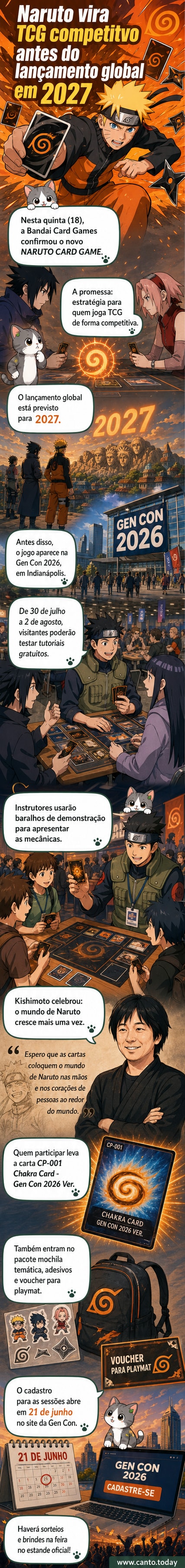 Ilustração de personagens de Naruto ao redor de cartas colecionáveis com o logotipo do novo jogo NARUTO CARD GAME