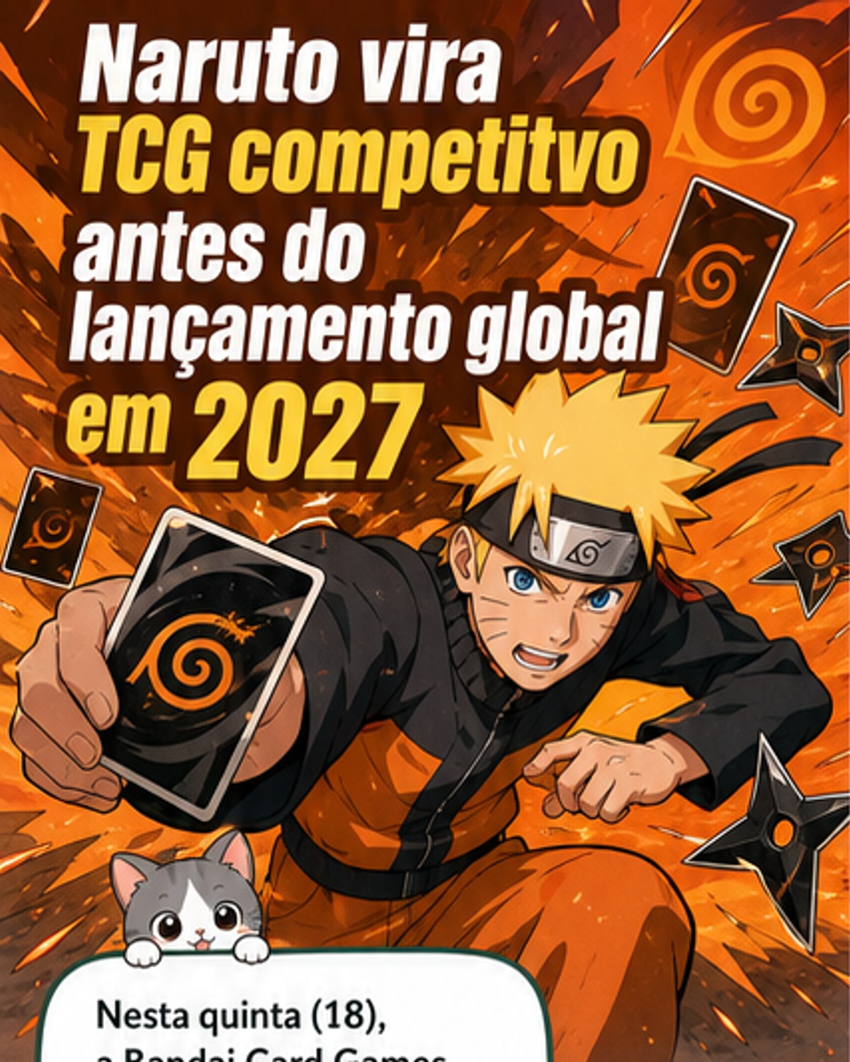 Ilustração de personagens de Naruto ao redor de cartas colecionáveis com o logotipo do novo jogo NARUTO CARD GAME