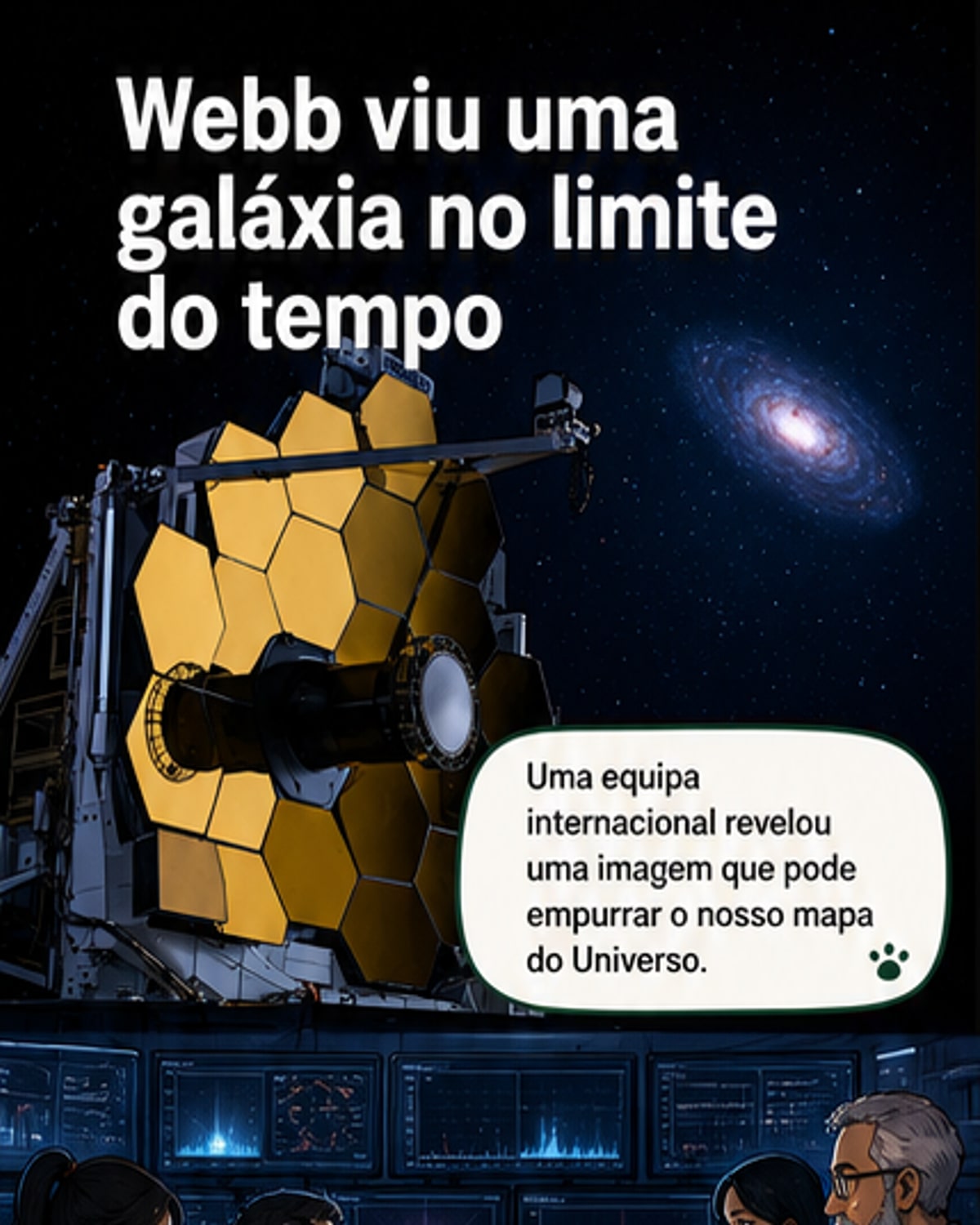 Representação artística de uma galáxia distante com luz avermelhada, capturada pelo telescópio James Webb, com fundo de cosmos profundo e estrelas tênues.
