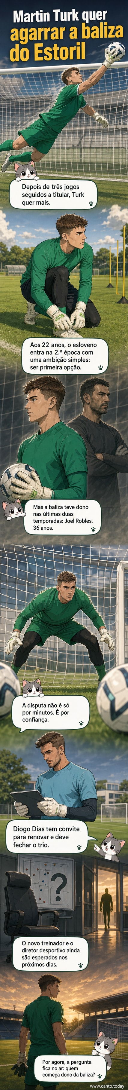 Ilustração de Martin Turk a defender uma bola enquanto Joel Robles observa ao fundo, com o estádio do Estoril ao fundo.