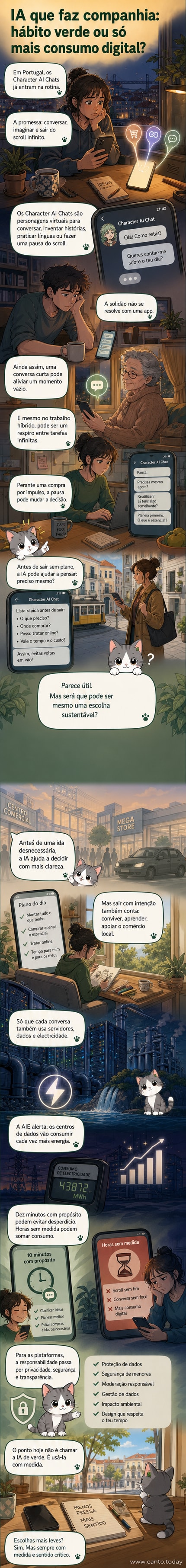 Ilustração de uma pessoa a conversar com um personagem de IA num telemóvel, com ícones de energia, solidão e consumo à volta, simbolizando o impacto dos hábitos digitais.