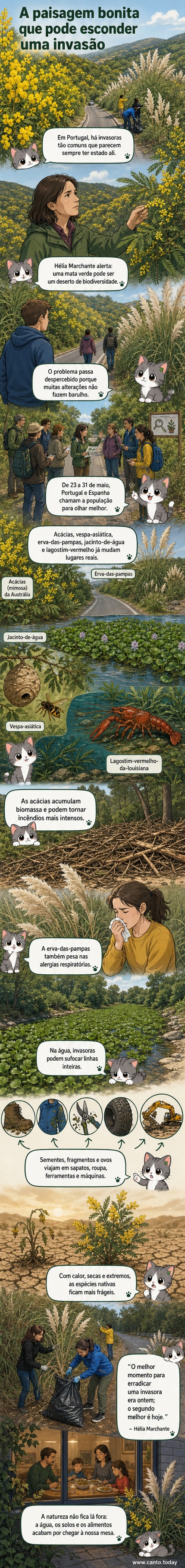 Ilustração de uma paisagem portuguesa com acácias e erva-das-pampas em destaque, contrastando natureza aparente com impacto ecológico oculto.