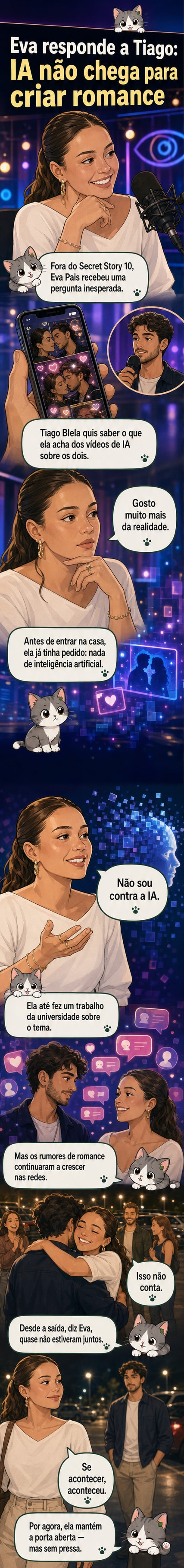 Ilustração de Eva Pais em estilo webtoon, com expressão pensativa, ao lado de uma tela mostrando um vídeo falso gerado por inteligência artificial com Tiago Blela.