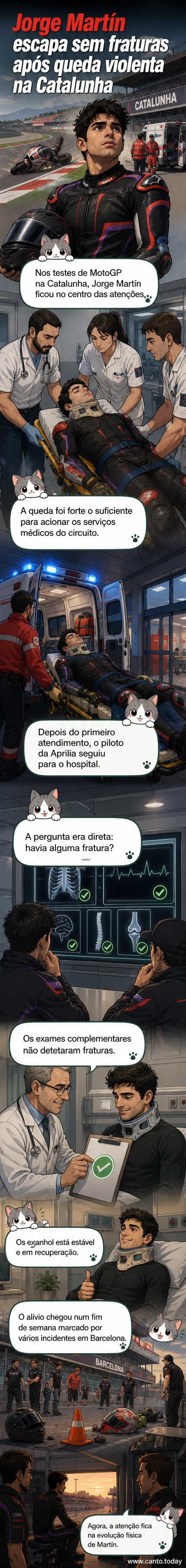 Piloto Jorge Martín no chão do circuito da Catalunha após forte queda durante teste da MotoGP, com equipe médica se aproximando.