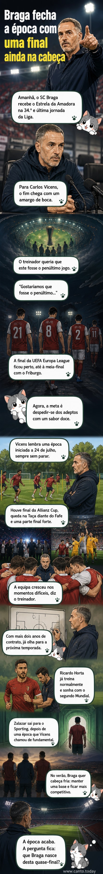 Treinador Carlos Vicens em campo durante conferência de imprensa, com camisola do SC Braga ao fundo e expressão reflexiva.