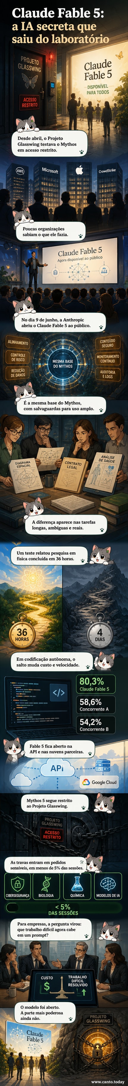 Ilustração de um robô analisando linhas de código e documentos científicos, com ícones de segurança e eficiência ao redor, representando o lançamento do Claude Fable 5.