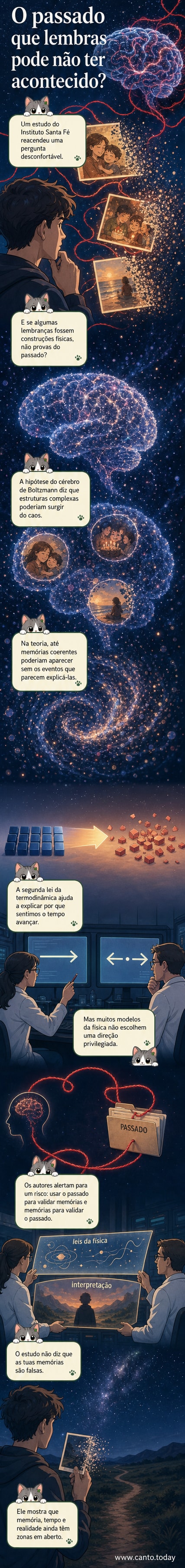 Ilustração de um cérebro flutuando no cosmos, com fios de luz conectando galáxias a memórias fragmentadas, sugerindo que o passado pode ser uma construção da física.