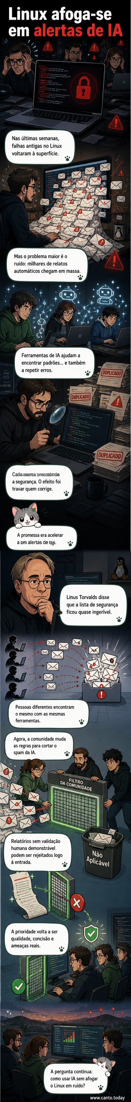 Ilustração de um escudo de segurança rachado com ondas digitais ao fundo, simbolizando o dilúvio de alertas falsos gerados por IA contra o sistema Linux