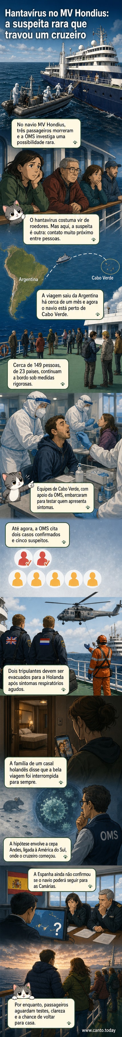 Trabalhadores em trajes de proteção a bordo do navio MV Hondius durante investigação de surto de hantavírus