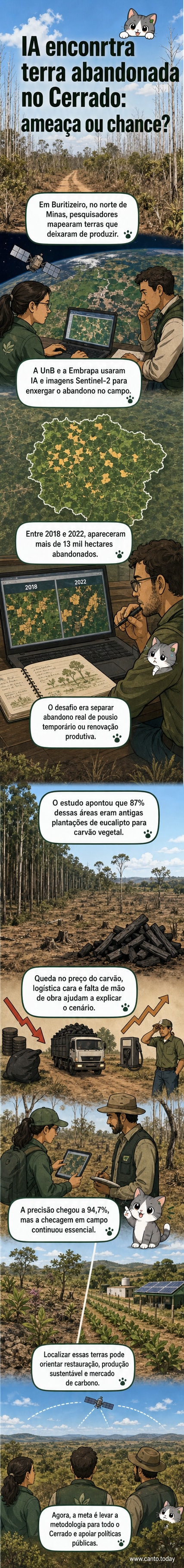 Ilustração de um campo com vegetação rasteira e árvores esparsas, ao fundo um satélite no céu e ícones de inteligência artificial, representando o mapeamento de áreas agrícolas abandonadas no Cerrado por meio de tecnologia.