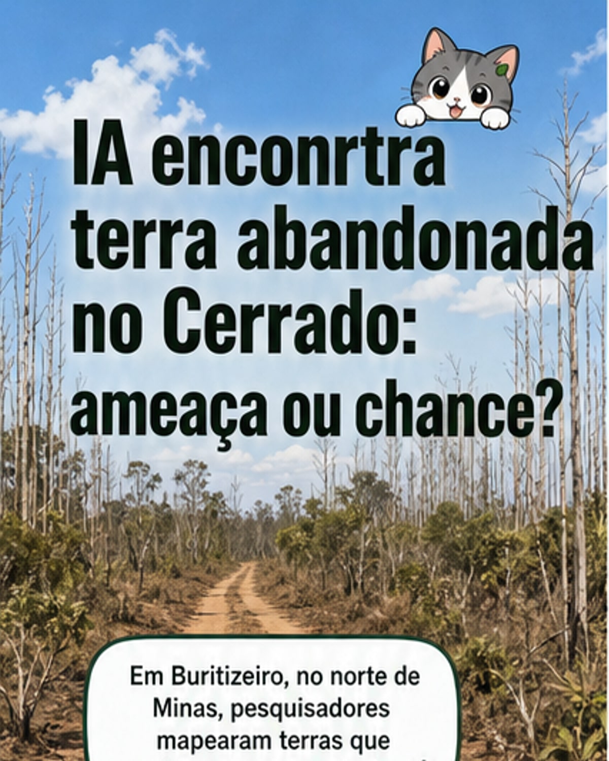Ilustração de um campo com vegetação rasteira e árvores esparsas, ao fundo um satélite no céu e ícones de inteligência artificial, representando o mapeamento de áreas agrícolas abandonadas no Cerrado por meio de tecnologia.