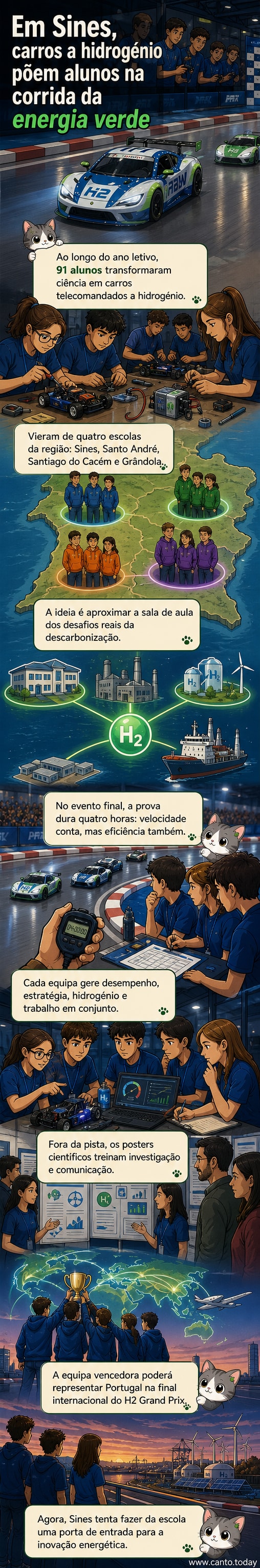 Ilustração de jovens em uniforme escolar ajustando um pequeno carro movido a hidrogénio em uma pista ao ar livre, com painéis solares e um edifício de laboratório ao fundo.