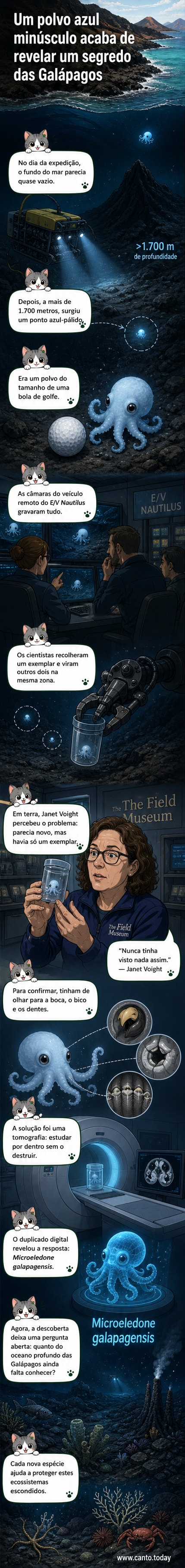 Ilustração de um pequeno polvo azul com oito tentáculos no fundo escuro do oceano, com luzes suaves destacando sua silhueta e detalhes dos olhos e bico.