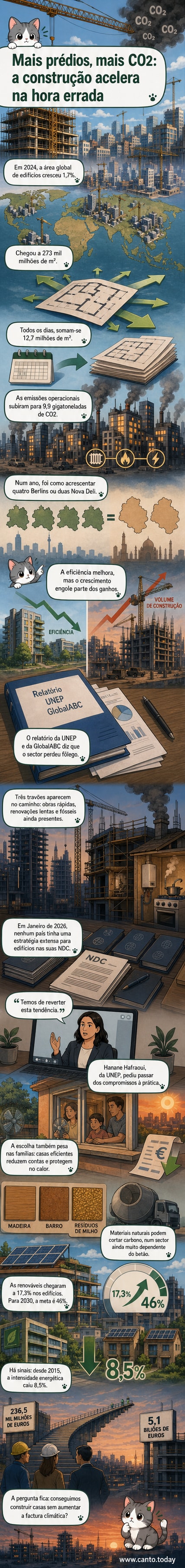 Ilustração de uma paisagem urbana em expansão com gráficos mostrando aumento de área construída e emissões de CO₂, com destaque para comparação com cidades como Berlim e Nova Déli.