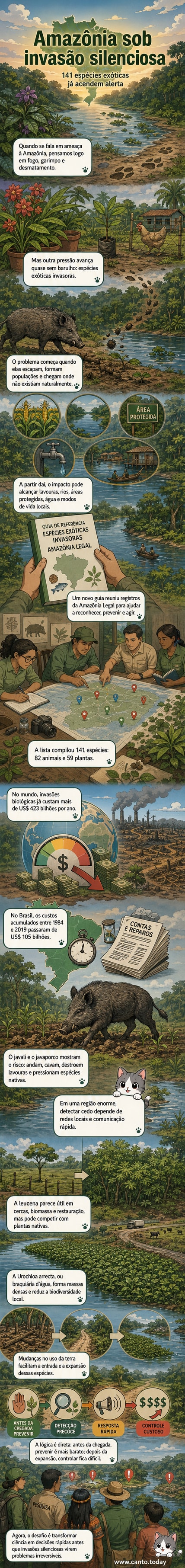 Ilustração de uma floresta amazônica com sinais de alerta: javalis cavando o solo, plantas exóticas invadindo margens de rios e um guia científico sendo consultado por pesquisadores e comunidades locais.