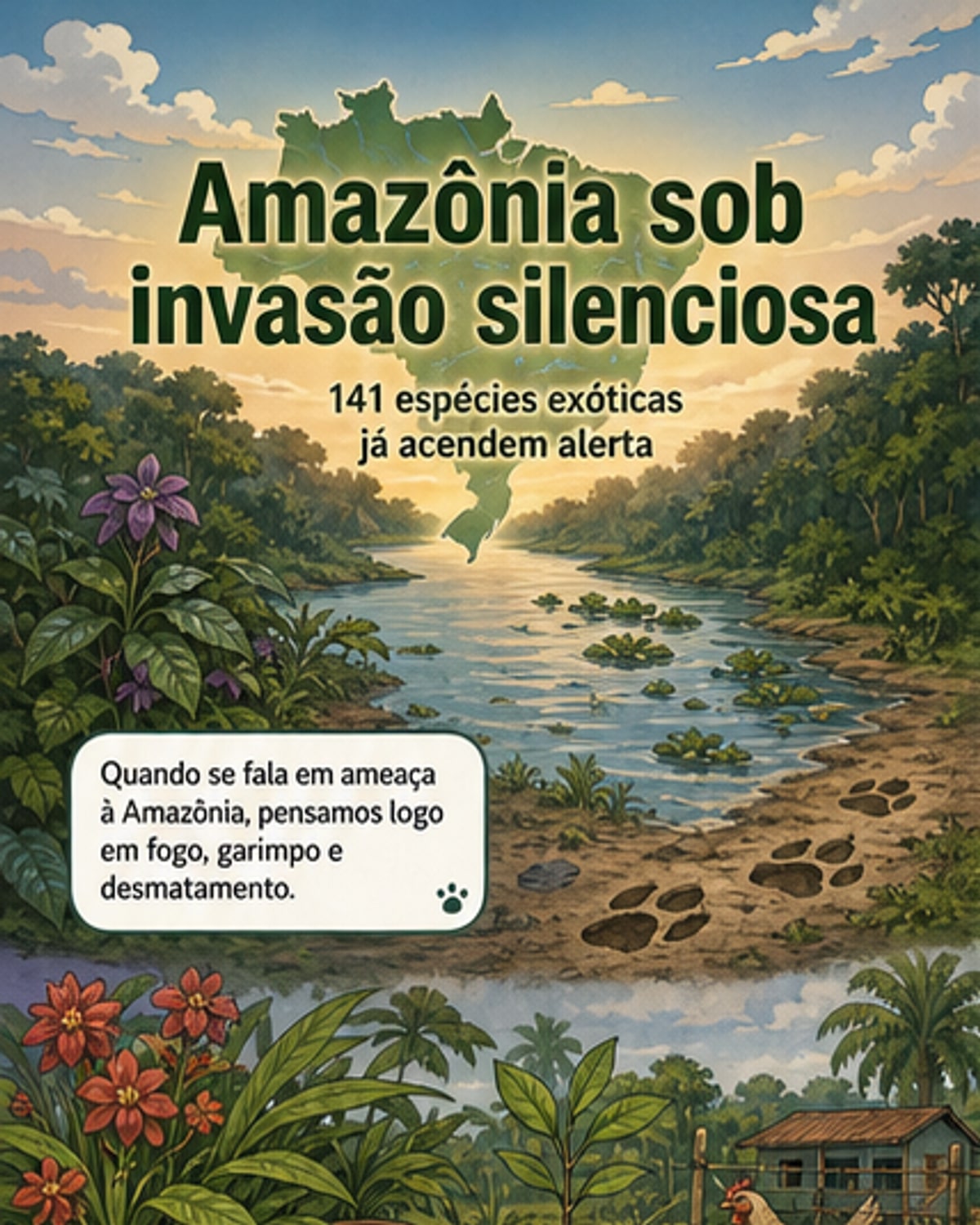 Ilustração de uma floresta amazônica com sinais de alerta: javalis cavando o solo, plantas exóticas invadindo margens de rios e um guia científico sendo consultado por pesquisadores e comunidades locais.