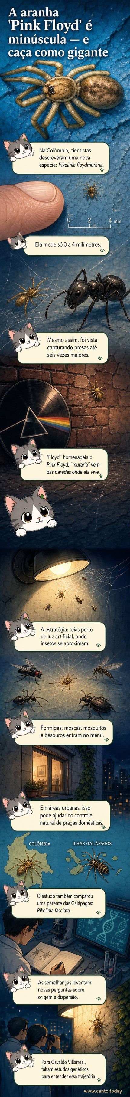 Ilustração de uma pequena aranha marrom sobre uma parede de tijolos, com uma teia sutil ao fundo e insetos voando perto de uma luz. Ao lado, o nome 'Pikelinia floydmuraria' e uma referência estilizada ao disco 'The Wall' do Pink Floyd.