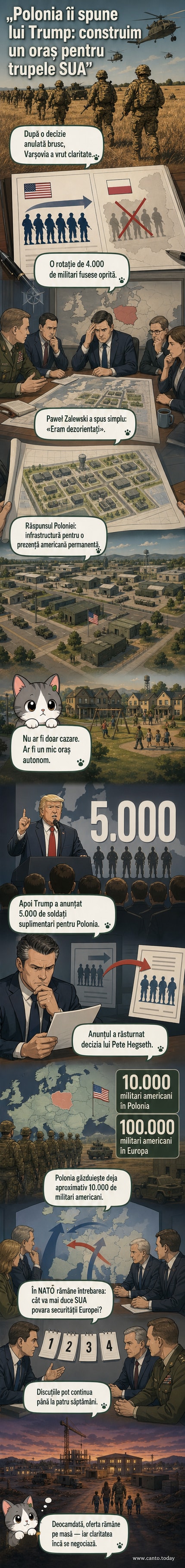 Ilustrație care arată un oraș nou construit în Polonia, cu soldați americani în uniformă, clădiri militare, locuințe pentru familii și simboluri ale alianței NATO.