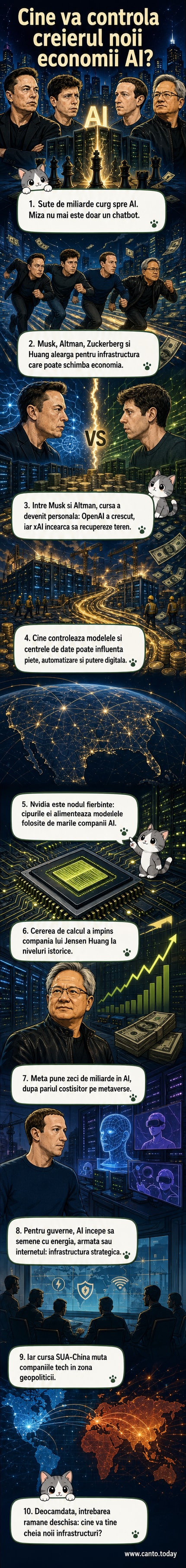 Patru portrete stilizate ale lui Elon Musk, Sam Altman, Mark Zuckerberg și Jensen Huang, în jurul unui cip central care emite lumină, simbolizând cursa pentru controlul inteligenței artificiale.
