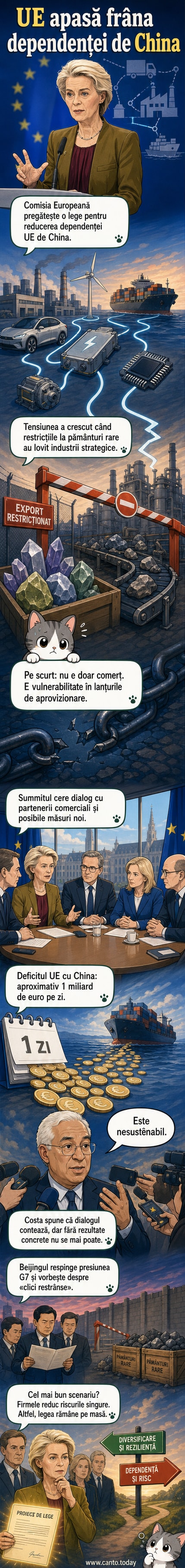 Ilustrație care reprezintă un lanț de aprovizionare între Europa și China, cu simboluri pentru pământuri rare, tehnologie verde și turbine eoliene, parțial rupt într-un punct central.
