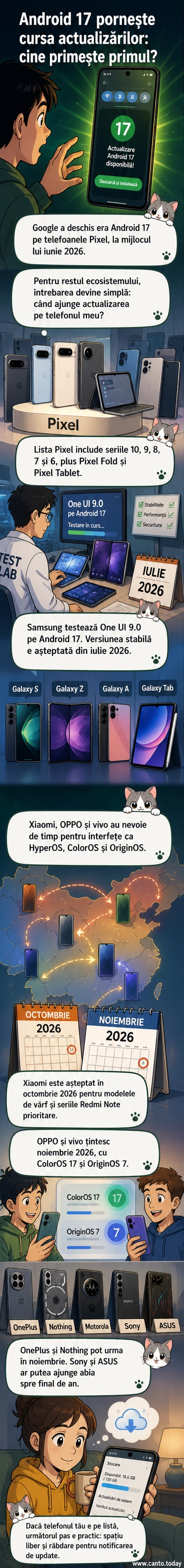 Ilustrație cu un telefon care primește o actualizare Android 17, cu logo-uri de la Samsung, Xiaomi, OPPO și alte mărci în fundal