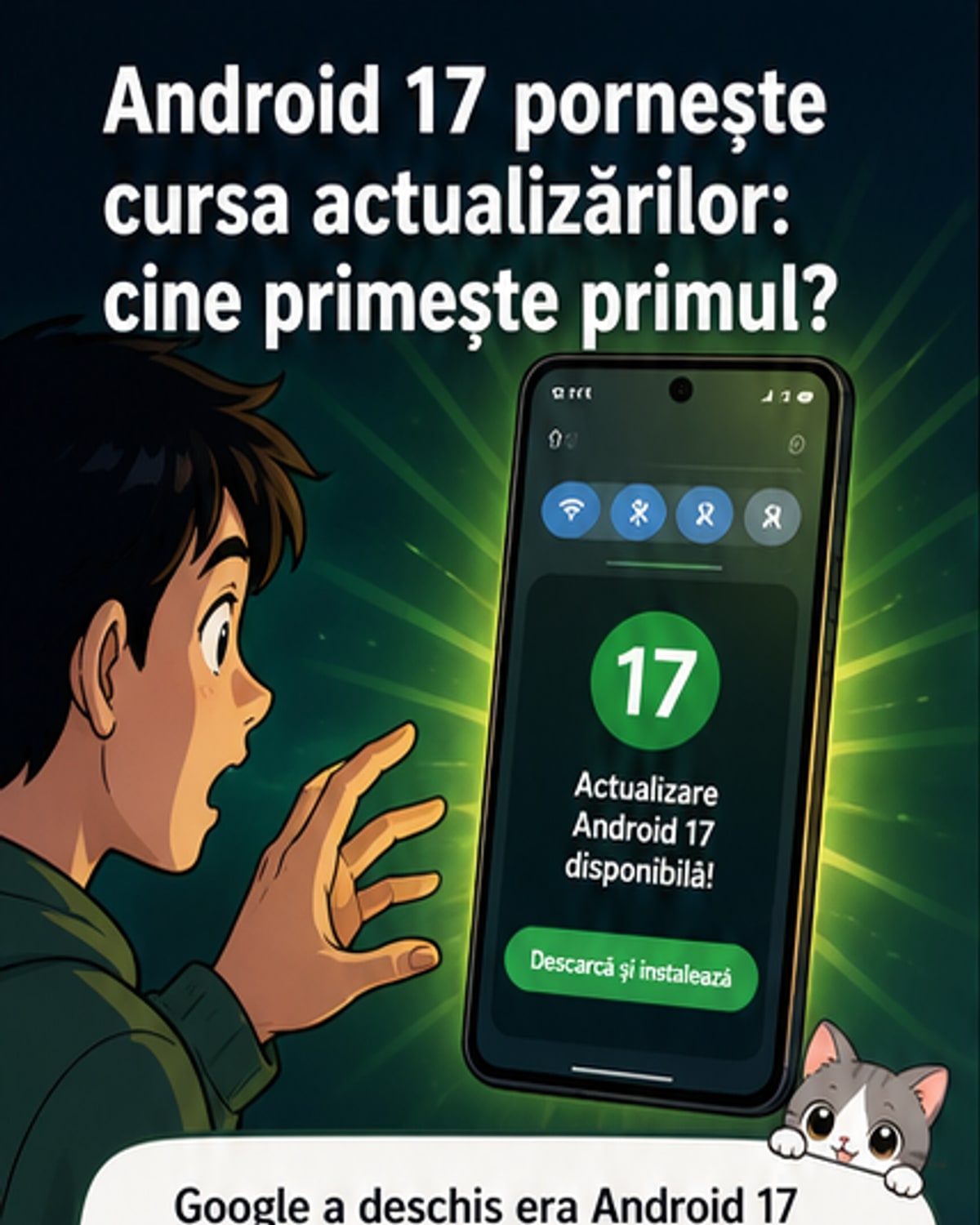 Ilustrație cu un telefon care primește o actualizare Android 17, cu logo-uri de la Samsung, Xiaomi, OPPO și alte mărci în fundal