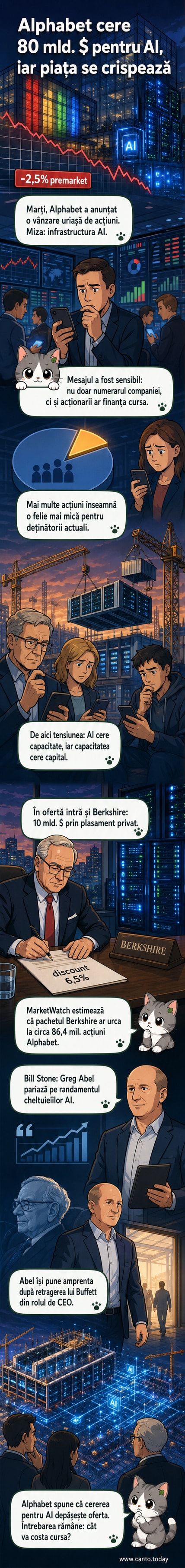 Ilustrație webtoon: un centru de date Google cu cipuri AI, în fundal o diagramă bursieră care scade, iar în prim-plan un cec simbolic de la Berkshire Hathaway către Alphabet.