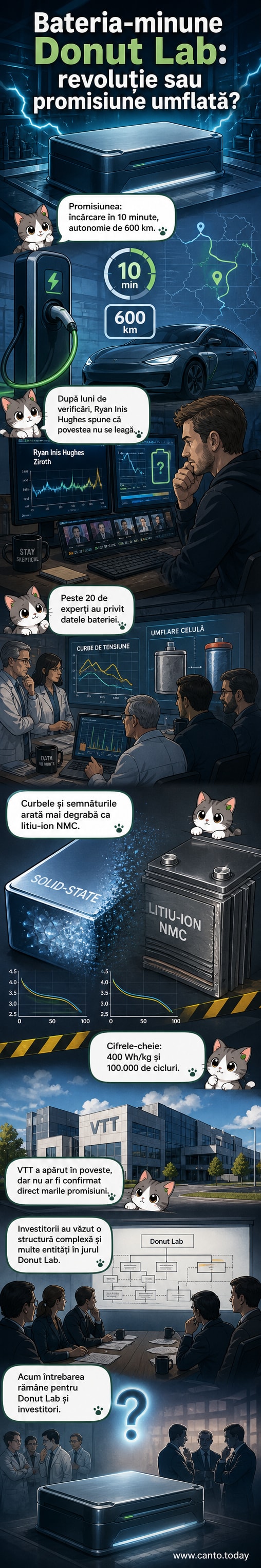 Ilustrație care compară o baterie în stare solidă promisă cu una reală, lângă un vehicul electric și un grafic cu cifre înșelătoare.