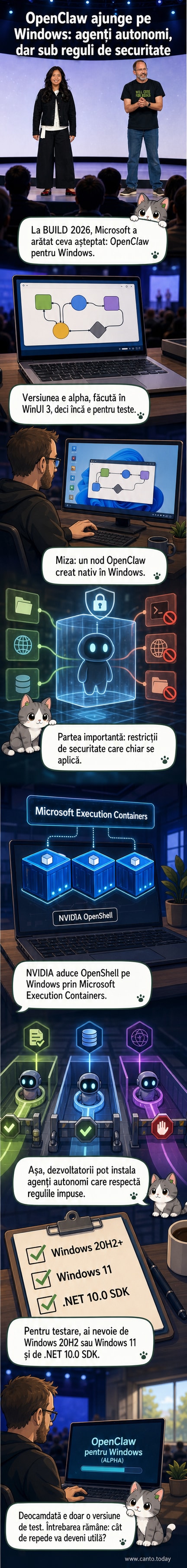 Ilustrație cu un terminal OpenClaw rulând nativ pe interfața Windows 11, cu cod în fundal și pictograme de securitate.