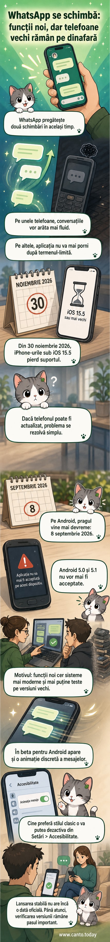Ilustrație cu două telefoane vechi și un mesaj WhatsApp care dispăre, cu fundal de coduri iOS și Android.