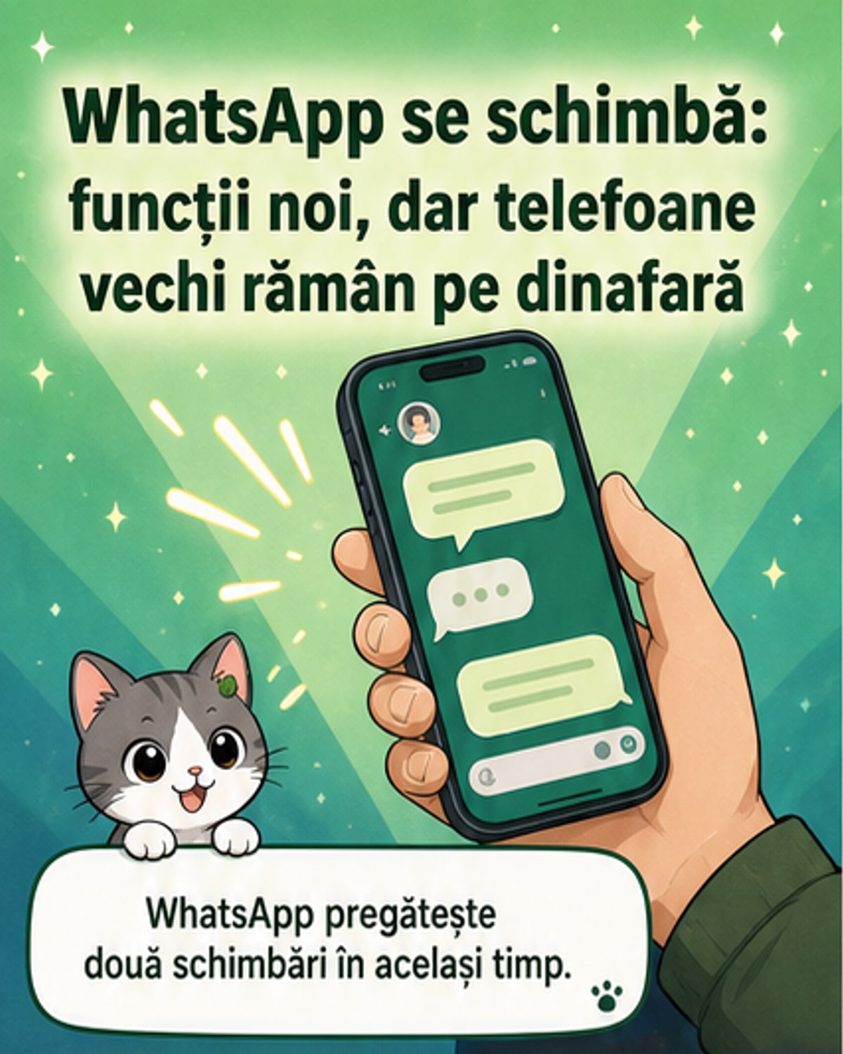 Ilustrație cu două telefoane vechi și un mesaj WhatsApp care dispăre, cu fundal de coduri iOS și Android.