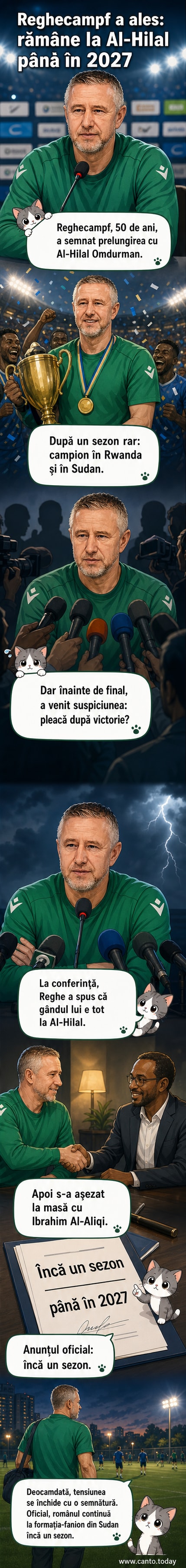 Laurențiu Reghecampf zâmbește în fața camerei, stând lângă oficialul clubului, după semnarea contractului cu Al-Hilal Omdurman.