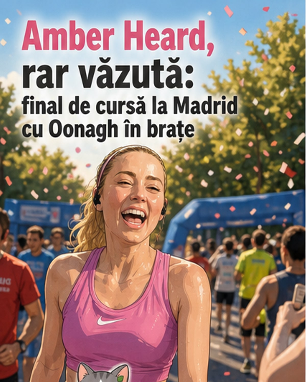 Amber Heard zâmbește după terminarea unei curse de 10 km în Madrid, ținând în brațe fiica ei, Oonagh.