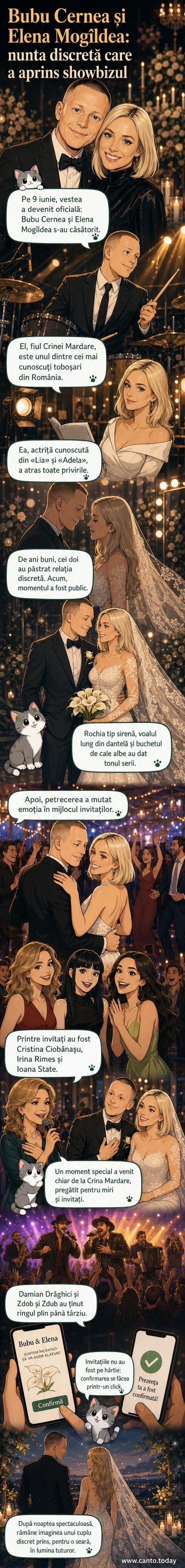 Bubu Cernea și Elena Mogîldea în ziua nunții, el în costum elegant, ea în rochie de mireasă tip sirenă cu voal lung
