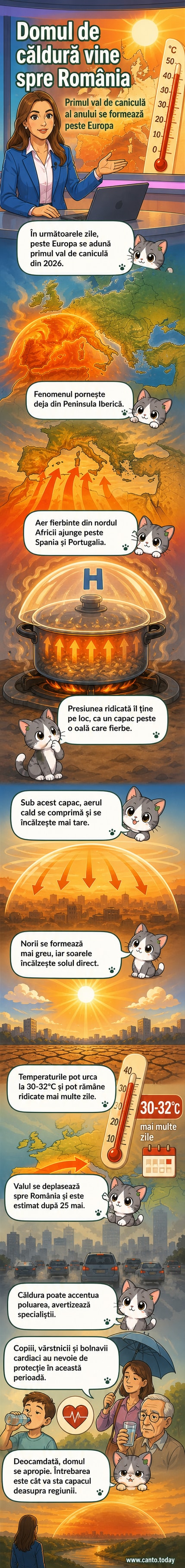 Ilustrare a unui dom de căldură deasupra Europei, cu săgeți care arată deplasarea sa de la Peninsula Iberică spre România, temperaturi de peste 30°C și efecte asupra sănătății.