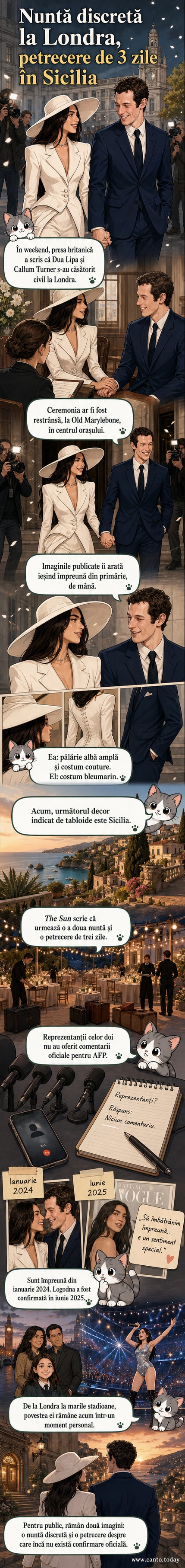 Dua Lipa și Callum Turner ieșind din oficiul de stare civilă din Londra, ținându-se de mână, cu Dua purtând un costum alb și o pălărie largă