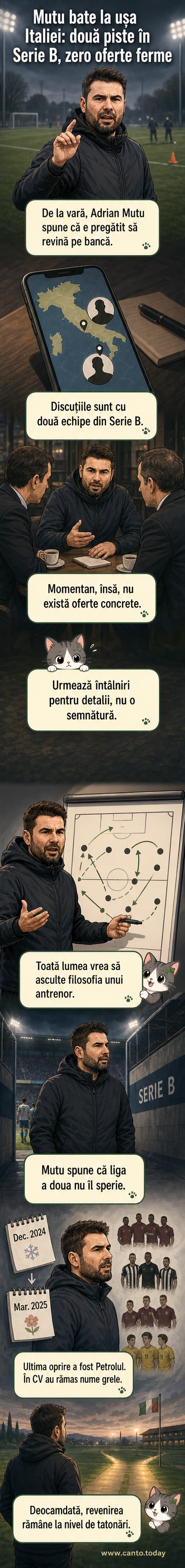 Siluetă de jucător de fotbal în fața unei table tactice, cu harta Italiei și României în fundal, sugerând o tranziție între țări și cariere.