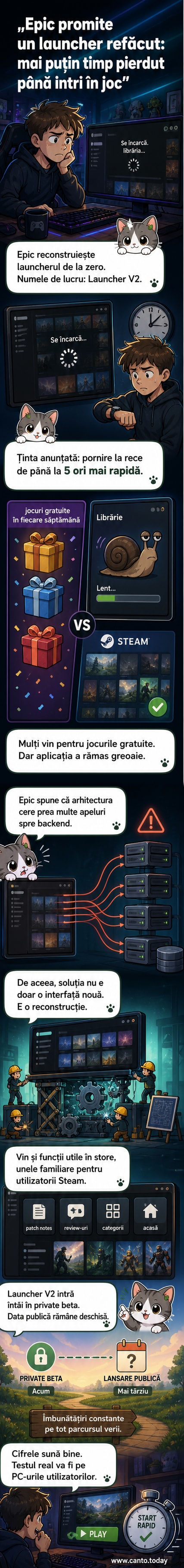 Ilustrație cu un launcher de jocuri care pornește extrem de repede, cu indicatori de viteză și interfață modernă.