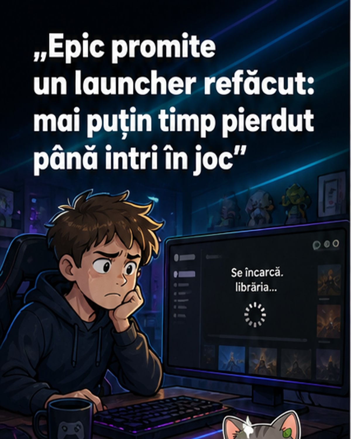 Ilustrație cu un launcher de jocuri care pornește extrem de repede, cu indicatori de viteză și interfață modernă.