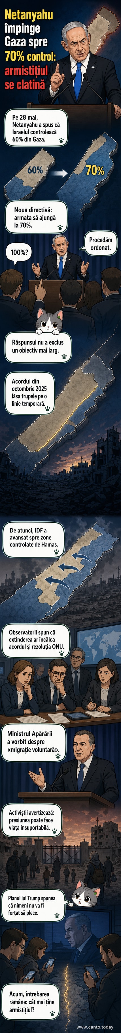 Ilustrație cu Benjamin Netanyahu în fața unei hărți a Fâșiei Gaza, cu zone colorate care arată extinderea controlului militar israelian.