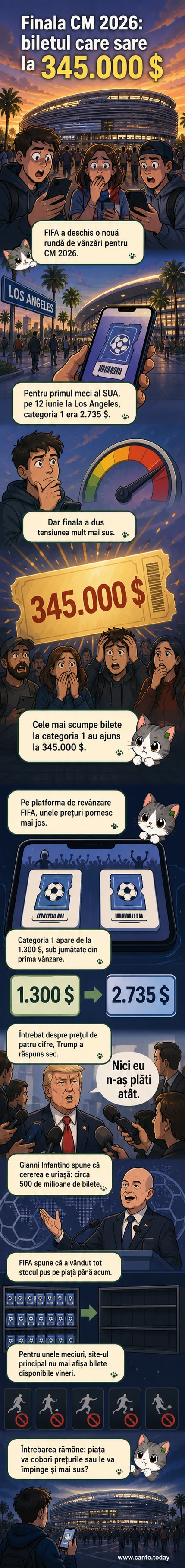 Un bilet virtual pentru finala CM 2026 afișează prețul de 345.000 de dolari, în fața SoFi Stadium din Los Angeles iluminat de lumini spectaculoase.