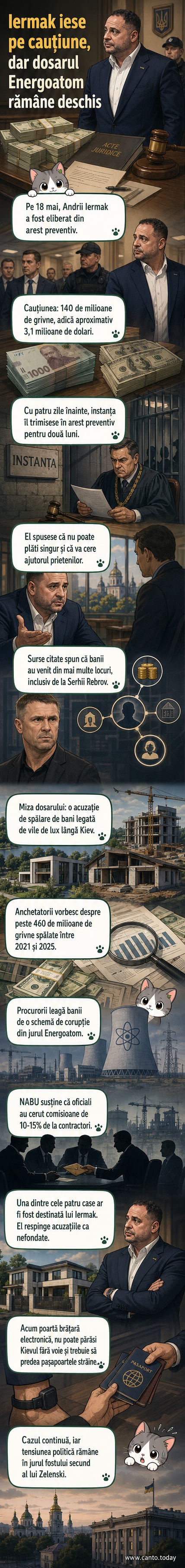 Ilustrație care reprezintă o clădire de lux în Kozin, o brățară electronică și simboluri ale corupției, în contextul arestului și eliberării lui Andrii Iermak.