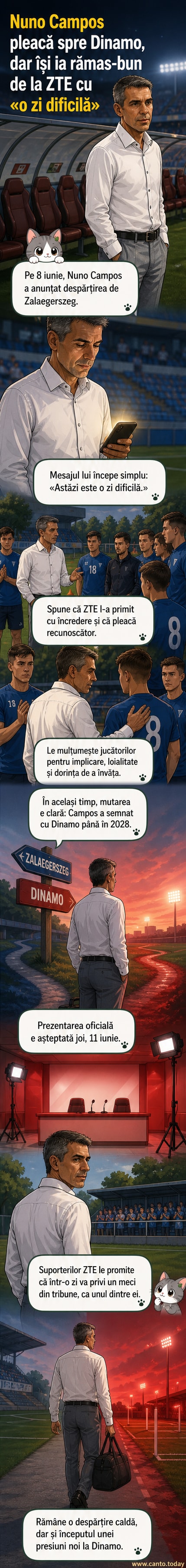 Portret al antrenorului portughez Nuno Campos, cu fundal alb, privind în lateral, cu textul 'Noul antrenor al lui Dinamo'.