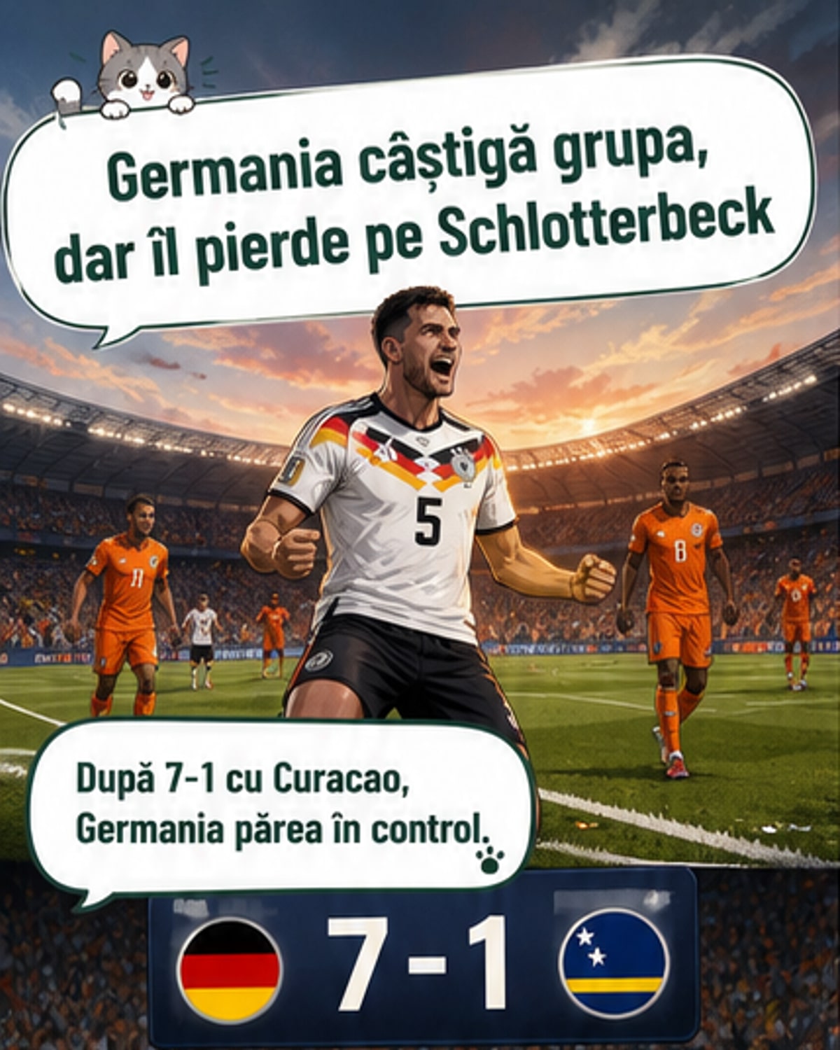 Nico Schlotterbeck în echipamentul Germaniei, ținându-se de genunchiul stâng în timpul meciului cu Coasta de Fildeș la Cupa Mondială 2026