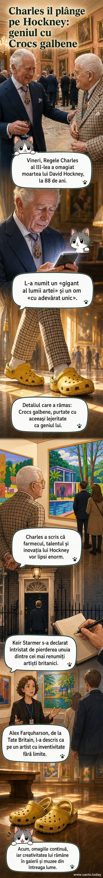 Ilustrare stilizată a lui David Hockney în fața unei picturi colorate, purtând Crocs galbene, cu un mesaj de omagiu din partea Regelui Charles al III-lea în fundal.