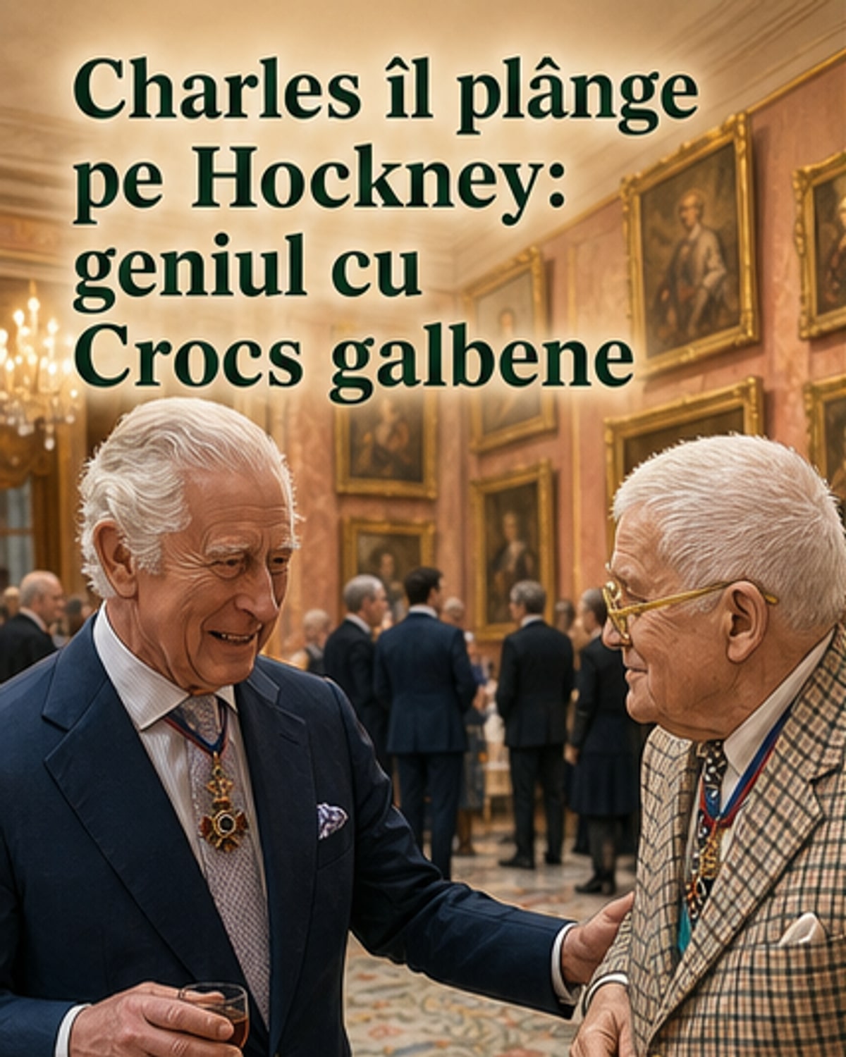 Ilustrare stilizată a lui David Hockney în fața unei picturi colorate, purtând Crocs galbene, cu un mesaj de omagiu din partea Regelui Charles al III-lea în fundal.